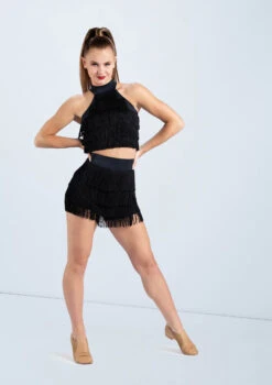 Weissman Fringe Mock Neck Crop Top -Dance Clothing Store MT9321 MT12611 black 0097 31781.1698840510