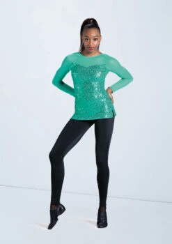 Weissman Long Sleeve Sequin Mesh Top -Dance Clothing Store SQ12457 emerald 975 61418.1678891714