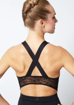 Move Dance Tulla Lace Cross Back Catsuit -Dance Clothing Store mo c0630 tulla lace cross back catsuit black front no1 60360.1678928380