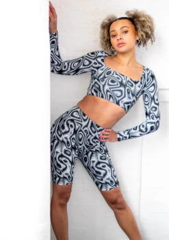 Move Dance Nebula High Waisted Cycling Shorts - Dimensions -Dance Clothing Store mor0907 dim front 3t 10985.1686178262