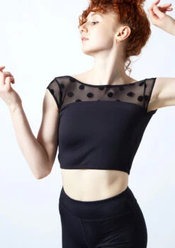 Move Dance Joelle Cap Sleeve Crop Top -Dance Clothing Store moz0623 black close up front 1 73009.1678885063
