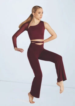 Weissman Asymmetric Mesh Sleeve Crop -Dance Clothing Store wn15598 black cherry 73 56548.1694698436