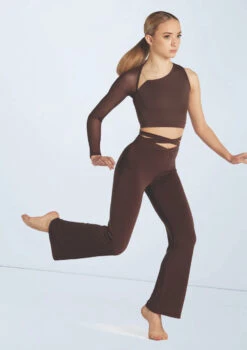 Weissman Asymmetric Mesh Sleeve Crop -Dance Clothing Store wn15598 chocolate 51 t 49726.1698825496